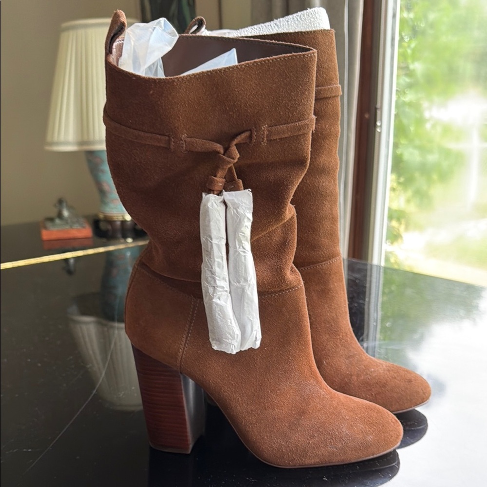 Vince Camuto Suede Mid-Calf Block Heel Boots - Brown